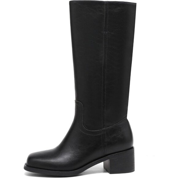 Women's Black Knee High Boots Square Toe Chunky Block Heel Long Boots - Picture 6 of 6